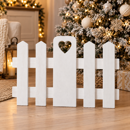 Pannello singolo bianco per staccionata in legno sotto l'albero di Natale
