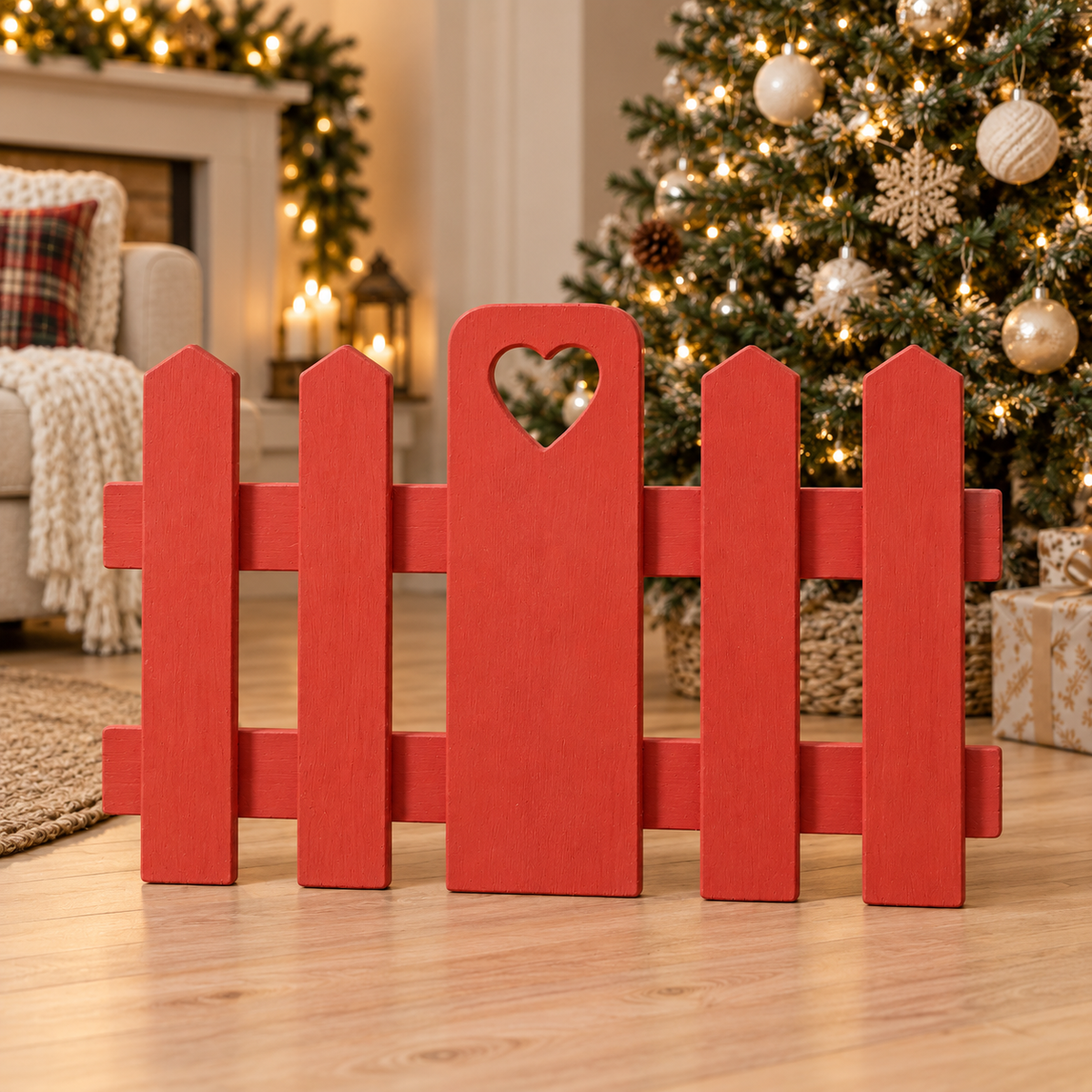 Pannello singolo rosso per staccionata in legno sotto l'albero di Natale