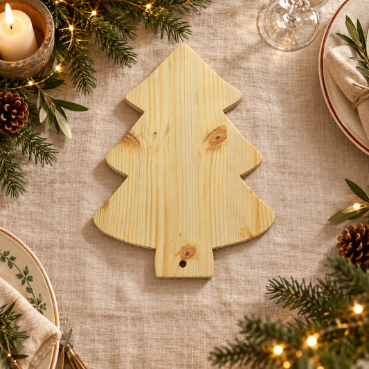 Tagliere artigianale in legno a forma di albero di Natale ambientato sulla tavola delle feste