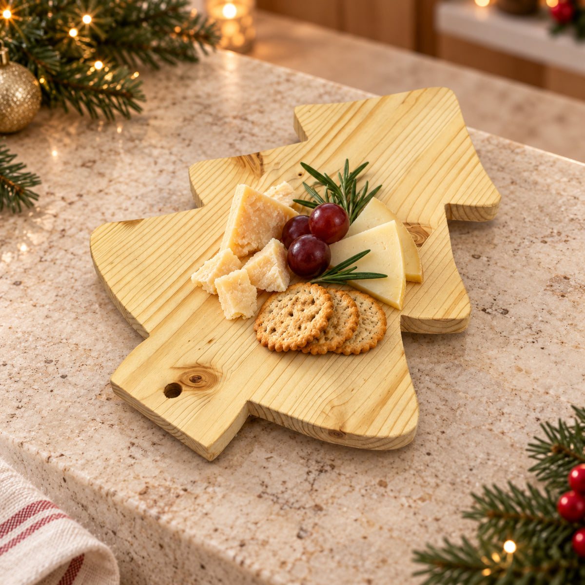 Tagliere in legno a forma di albero di Natale usato per servire formaggi e aperitivo