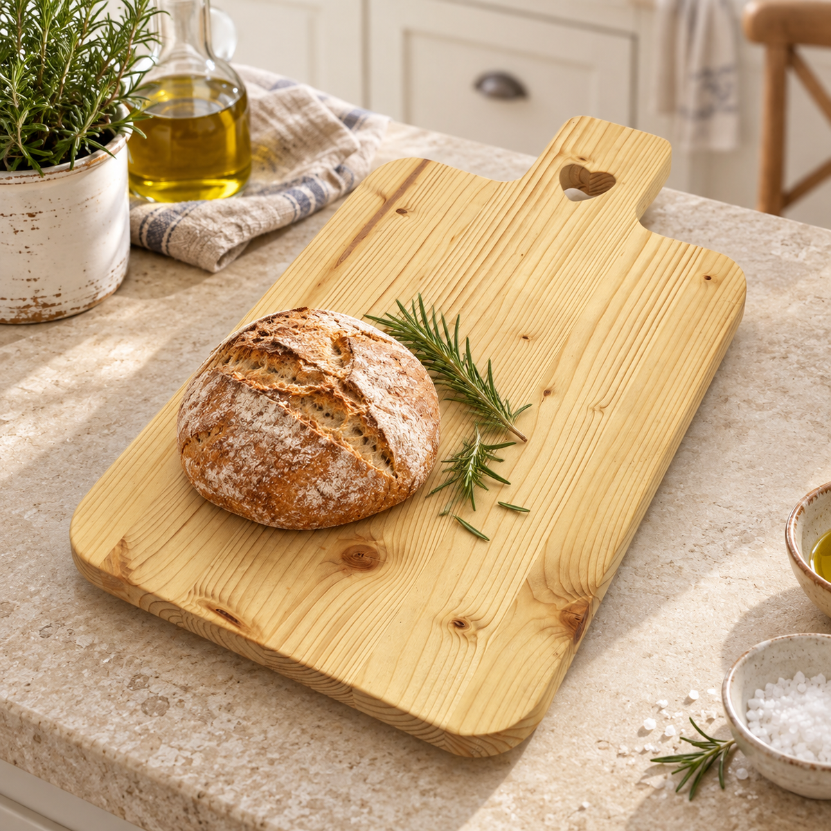 Tagliere in legno artigianale con intarsio a cuore ambientato in cucina con pane
