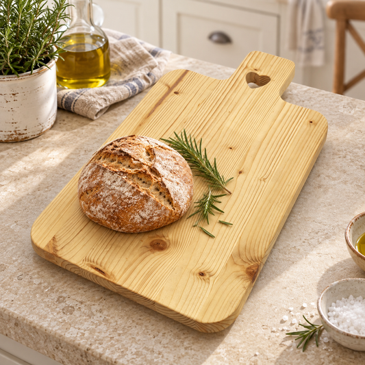 Tagliere in legno artigianale con intarsio a cuore ambientato in cucina con pane