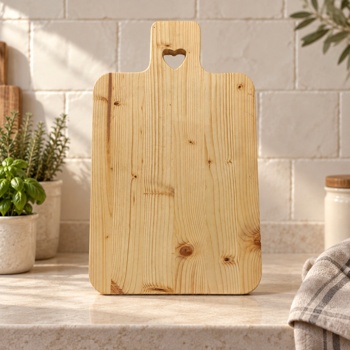 Tagliere in legno artigianale con intarsio a cuore esposto in cucina