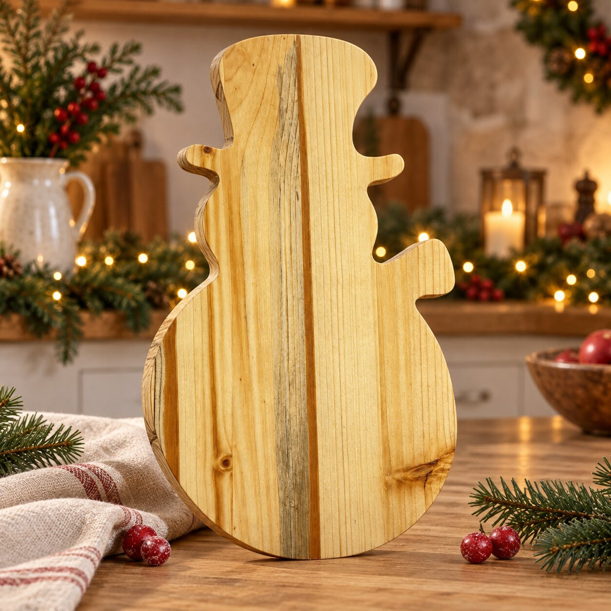 Tagliere pupazzo di neve in legno artigianale ambientato a Natale