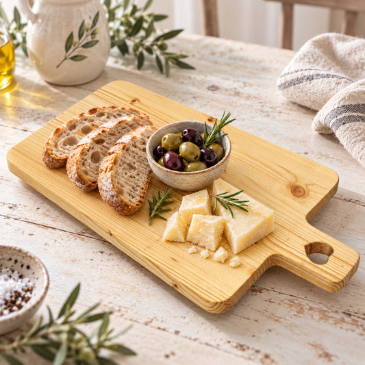 Tagliere trapezio artigianale in legno con intarsio a cuore ambientato per aperitivo