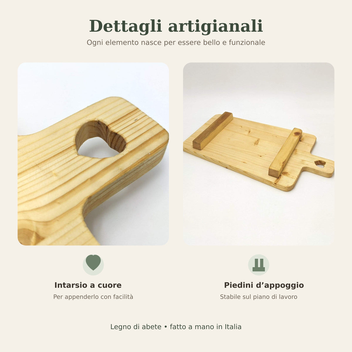 Dettaglio intarsio a cuore e piedini del tagliere artigianale