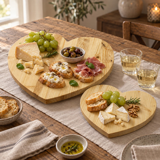 Tagliere Valentino due cuori con rialzo ambientato per aperitivo