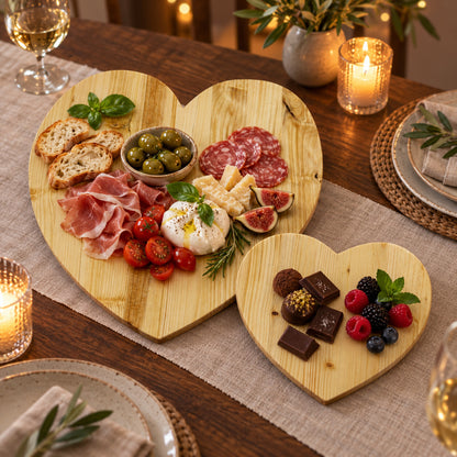 Tagliere Valentino due cuori con rialzo ambientato per una cena
