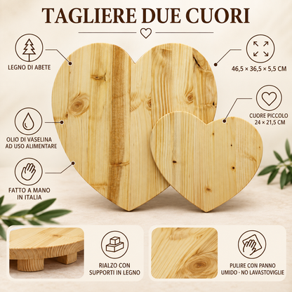 Infografica Tagliere Valentino due cuori con misure materiali e cura
