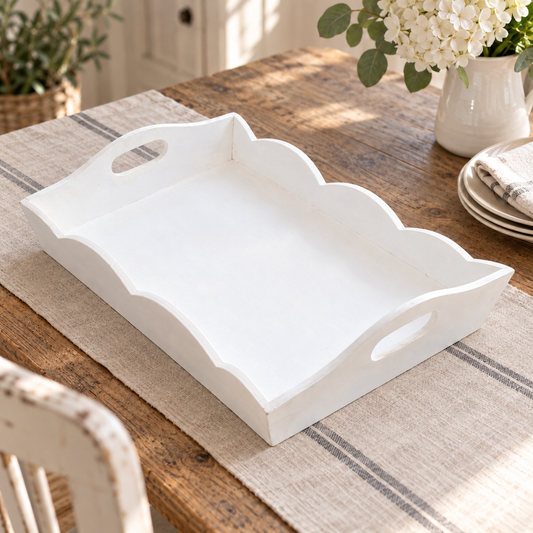 Vassoio in legno Bianco con maniglia classica ambientato